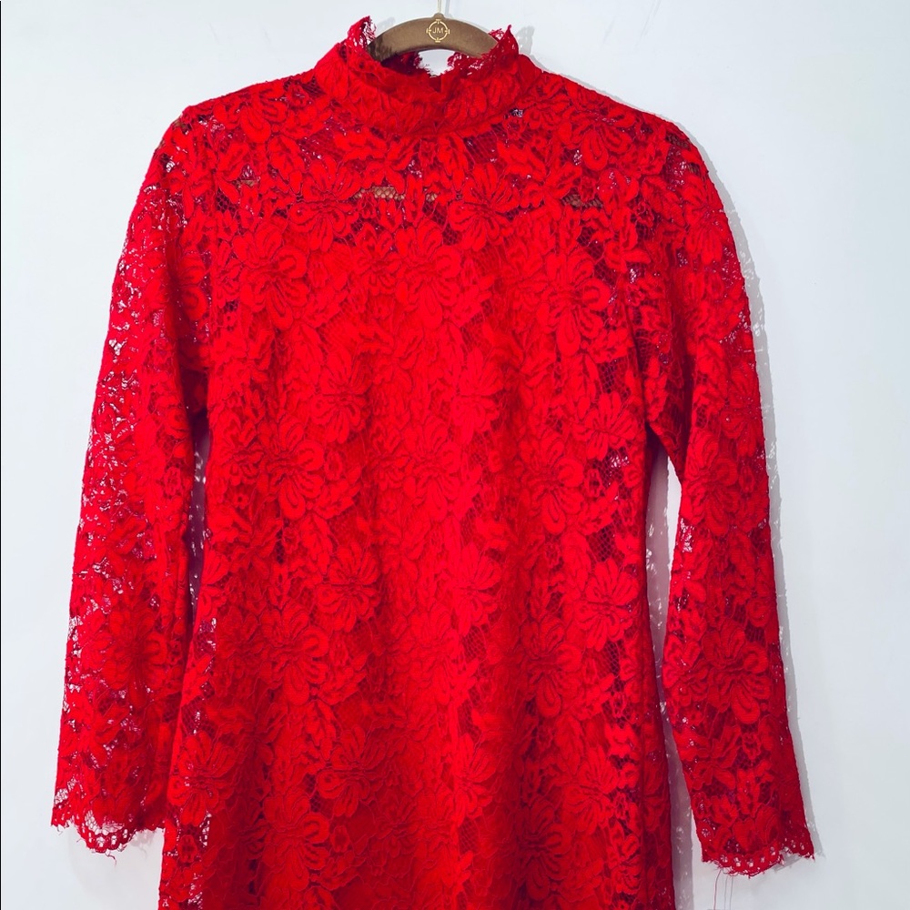 Red lace dress by Prosecco, long zip up back.